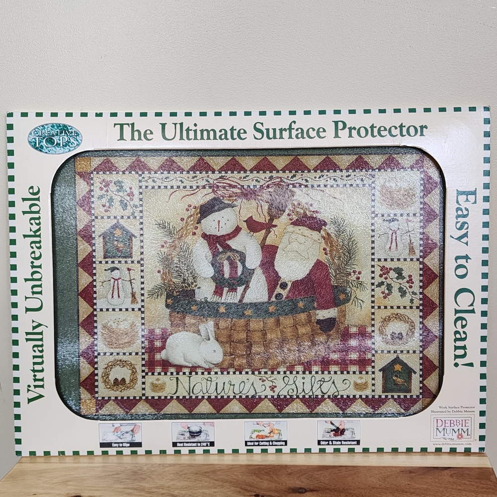 Vintage Country Christmas Glass Cutting Board Santa Snowman Surface Protector